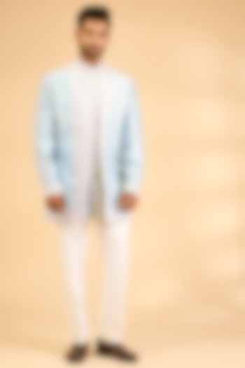 Powder Blue Silk Groom Indowestern Set by Seema Gujral Men at Pernia's Pop Up Shop