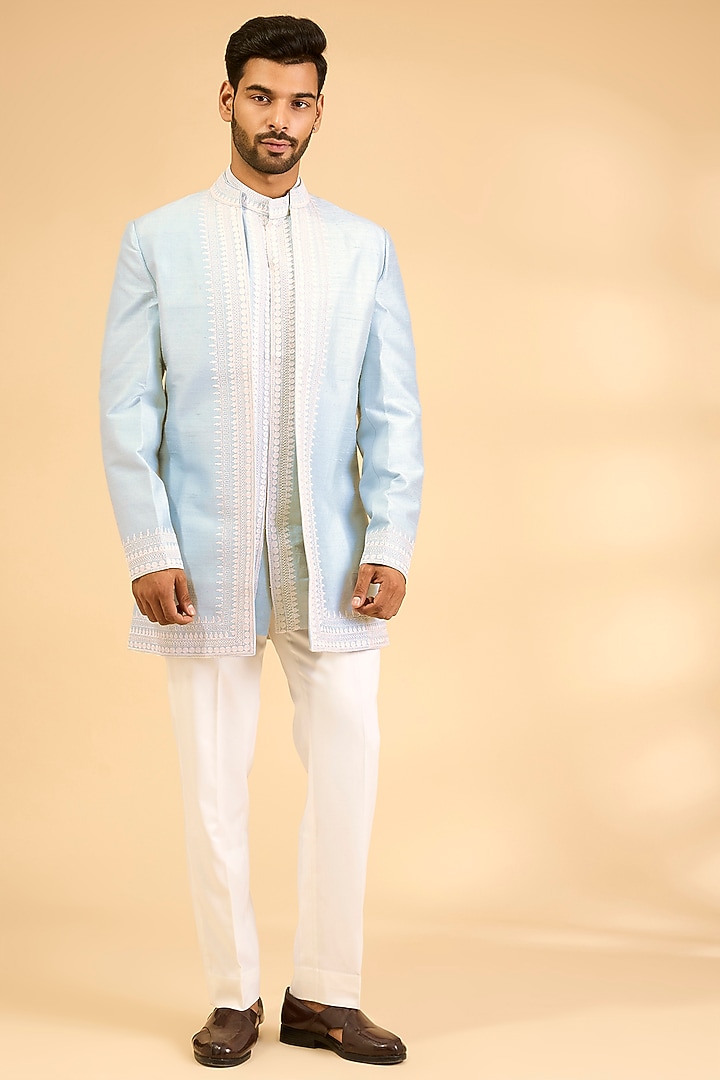 Powder Blue Silk Groom Indowestern Set by Seema Gujral Men at Pernia's Pop Up Shop