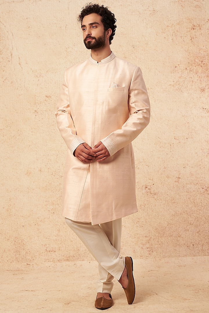 Rose Gold Embroidered Sherwani Set by Seema Gujral Men