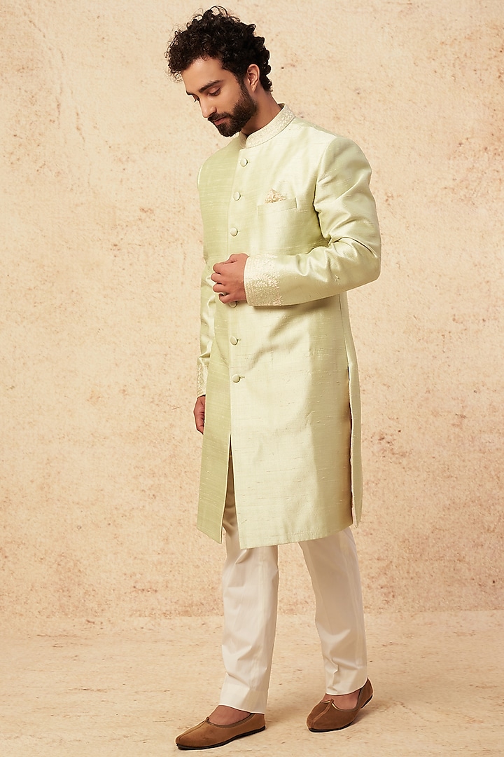 Mint Green Embroidered Sherwani Set by Seema Gujral Men