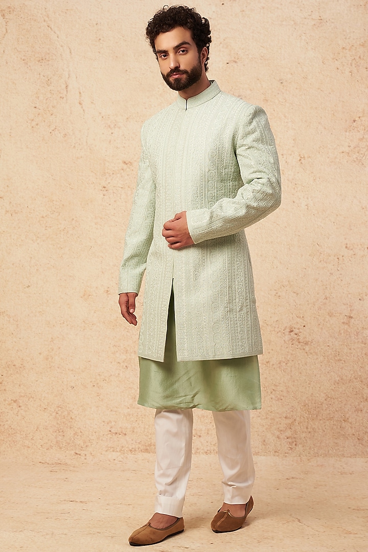 Mint Green Sherwani With Embroidery by Seema Gujral Men