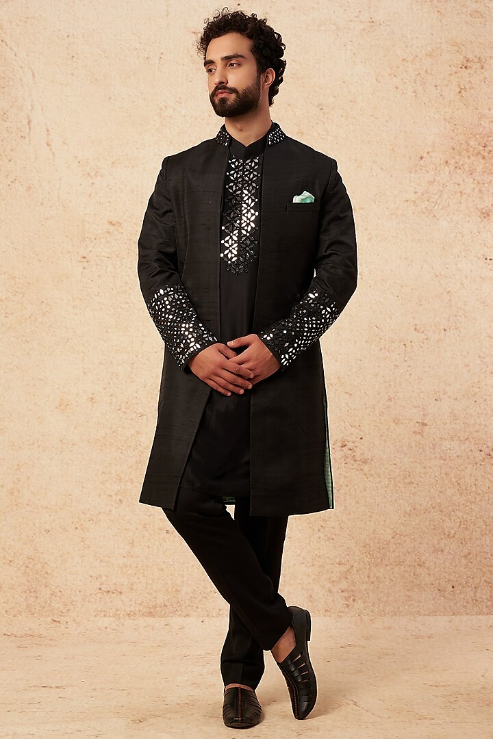 Black Embroidered Indowestern Set by Seema Gujral Men