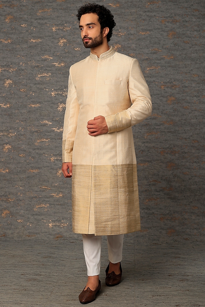 Gold Embroidered Sherwani Set by Seema Gujral Men