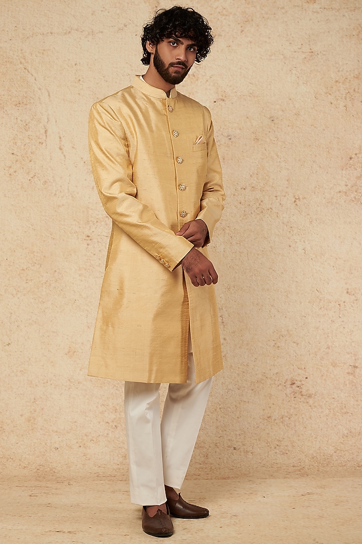 Gold Silk Sherwani Set by Seema Gujral Men