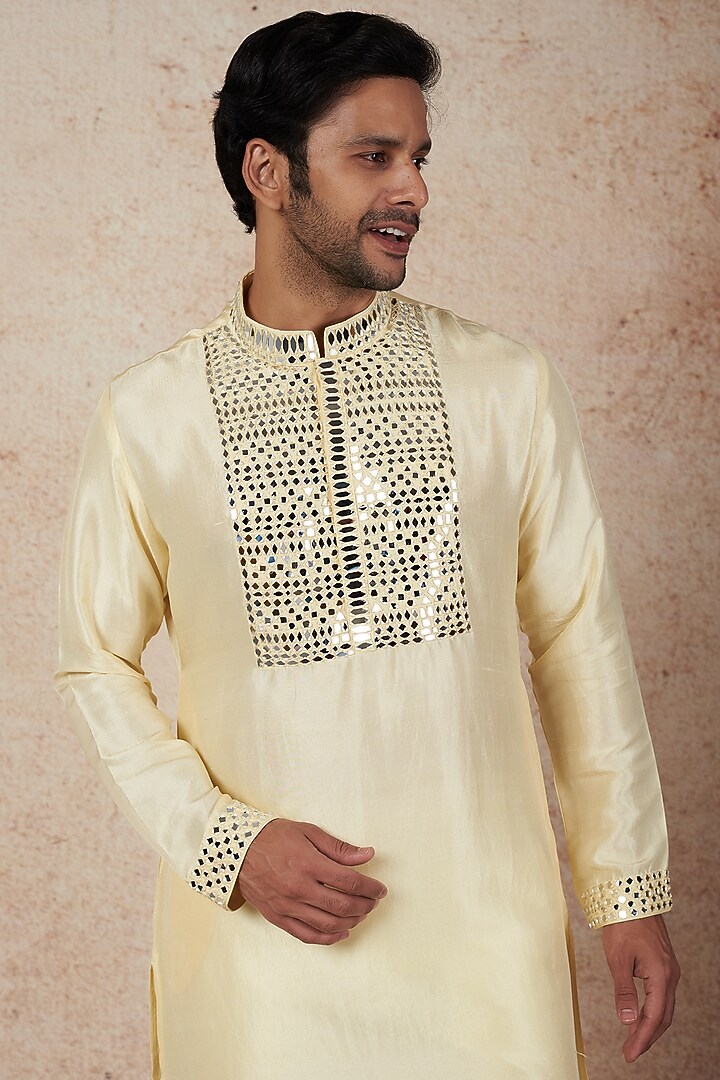Lime Dupion Silk Mirror Embroidered Kurta Set by Seema Gujral Men at Pernia's Pop Up Shop