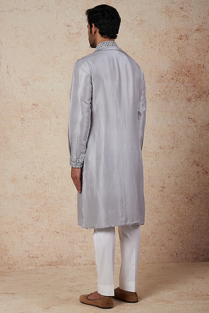 Grey Dupion Silk Mirror Embroidered Kurta Set by Seema Gujral Men at Pernia's Pop Up Shop