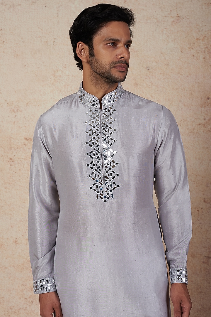 Grey Dupion Silk Mirror Embroidered Kurta Set by Seema Gujral Men at Pernia's Pop Up Shop