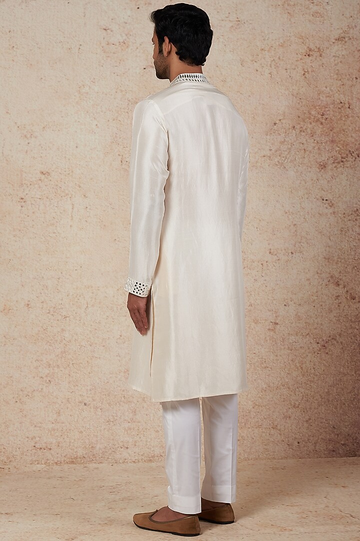 Ivory Dupion Silk Mirror Embroidered Kurta Set by Seema Gujral Men at Pernia's Pop Up Shop