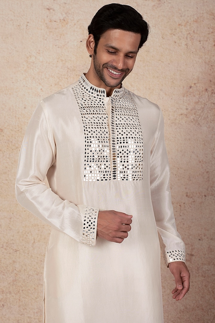 Ivory Dupion Silk Mirror Embroidered Kurta Set by Seema Gujral Men at Pernia's Pop Up Shop