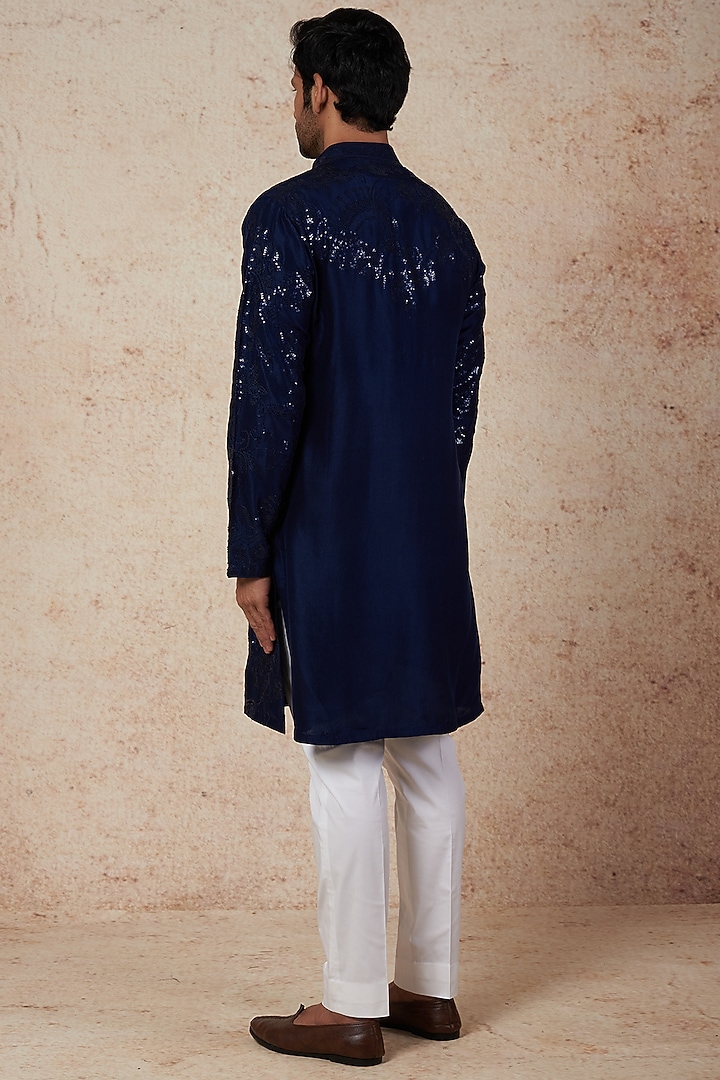 Midnight Blue Dupion Silk Sequins Embroidered Kurta Set by Seema Gujral Men at Pernia's Pop Up Shop
