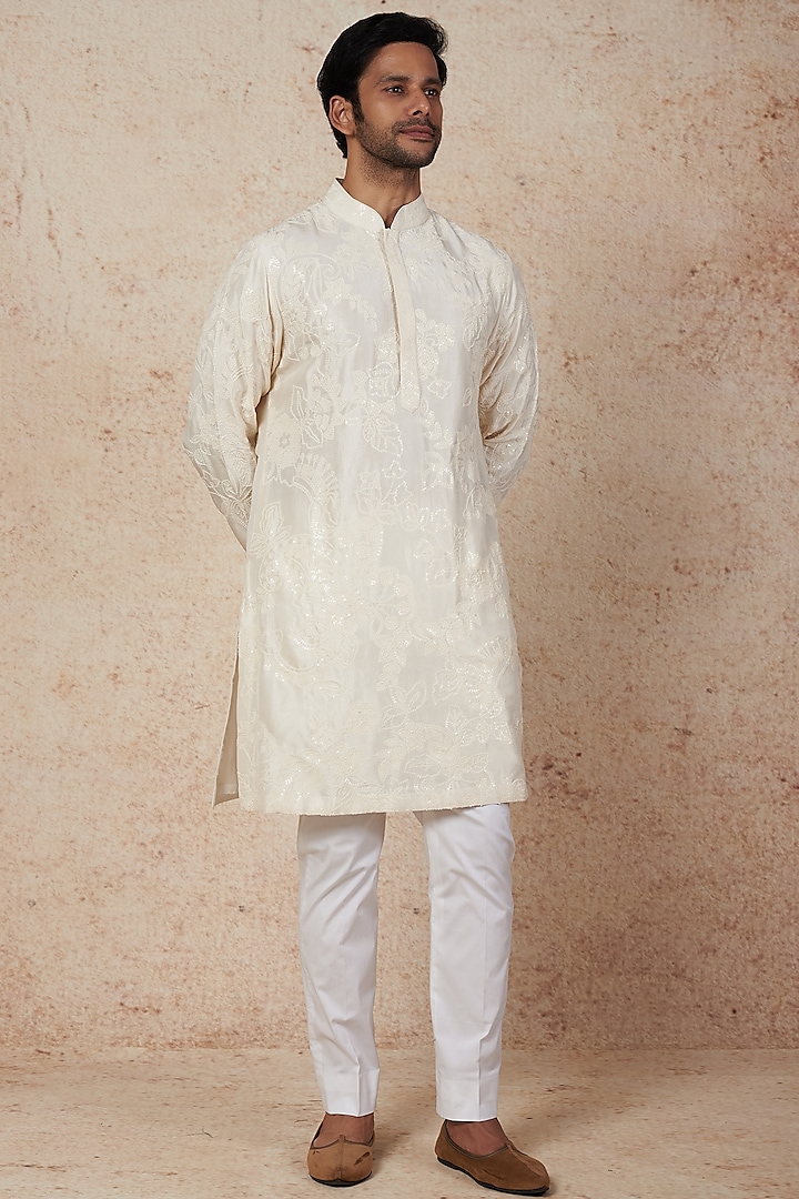 Ivory Kurta Set With Embroidery by Seema Gujral Men
