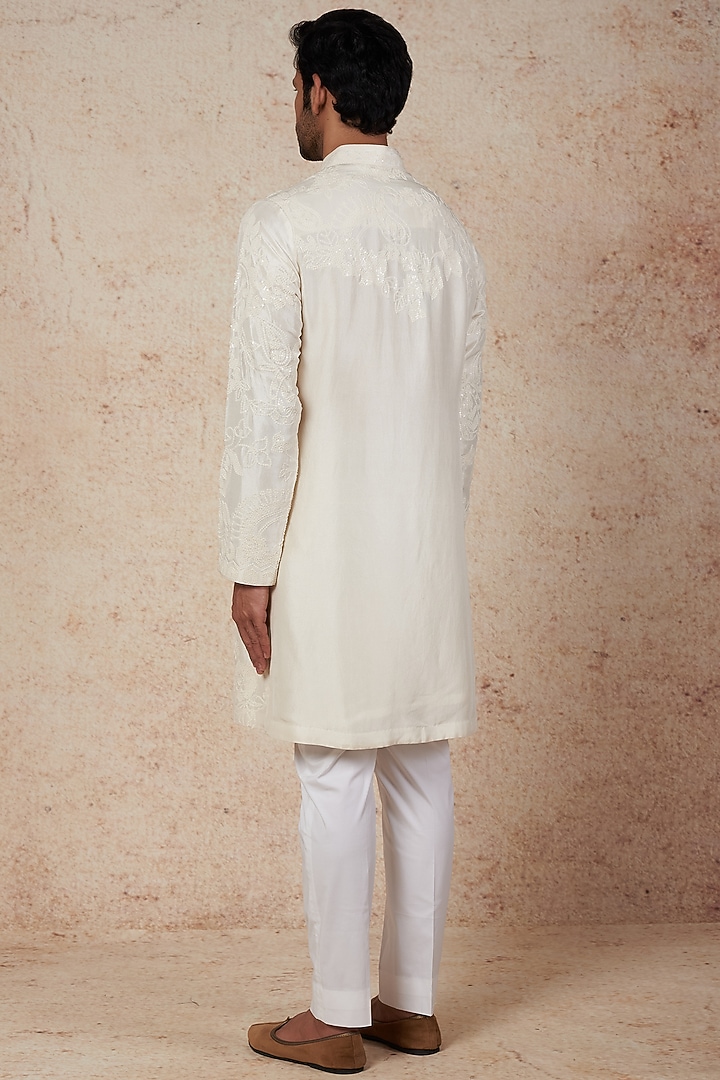 Ivory Dupion Silk Sequins Embroidered Kurta Set by Seema Gujral Men at Pernia's Pop Up Shop