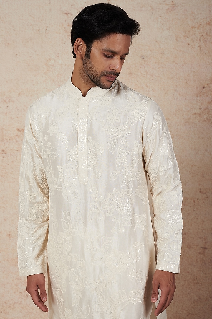 Ivory Dupion Silk Sequins Embroidered Kurta Set by Seema Gujral Men at Pernia's Pop Up Shop