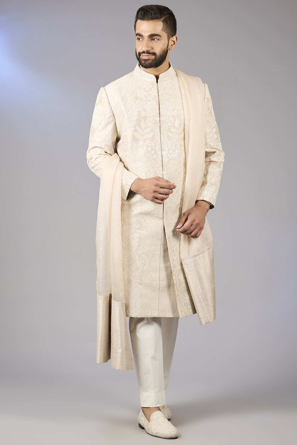 Ivory Raw Silk Sequins Embroidered Groom Sherwani Set by Seema Gujral Men at Pernia's Pop Up Shop