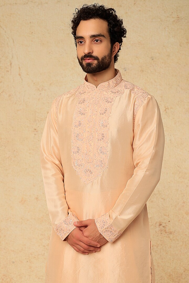 Peach Silk Kiran Dori Embroidered Kurta Set by Seema Gujral Men at Pernia's Pop Up Shop