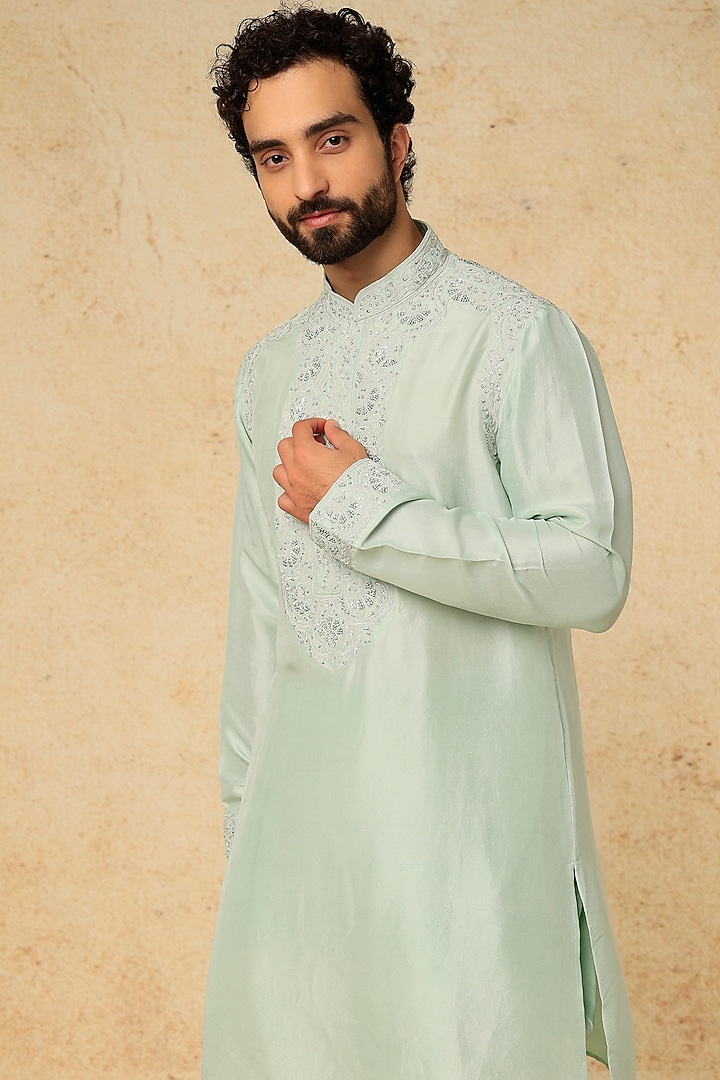 Ocean Green Silk Kiran Dori Embroidered Kurta Set by Seema Gujral Men at Pernia's Pop Up Shop