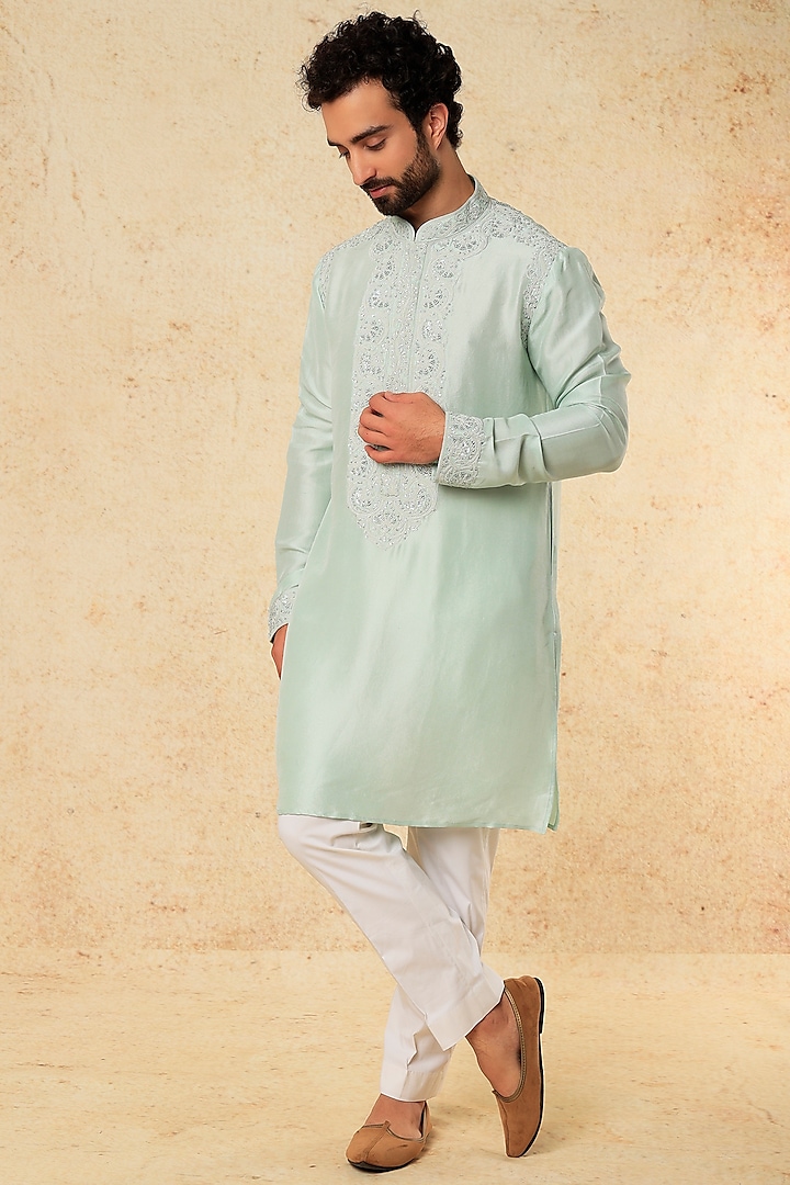 Mint Green Embroidered Kurta Set by Seema Gujral Men