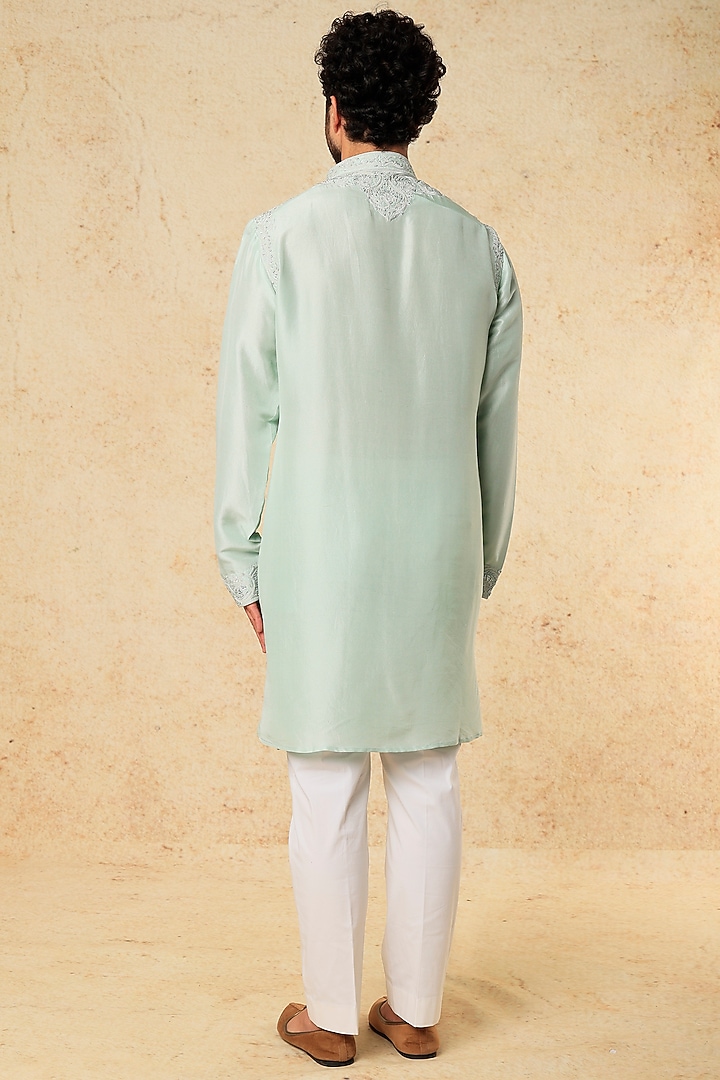 Mint Green Dupion Silk Thread Embroidered Kurta Set by Seema Gujral Men at Pernia's Pop Up Shop