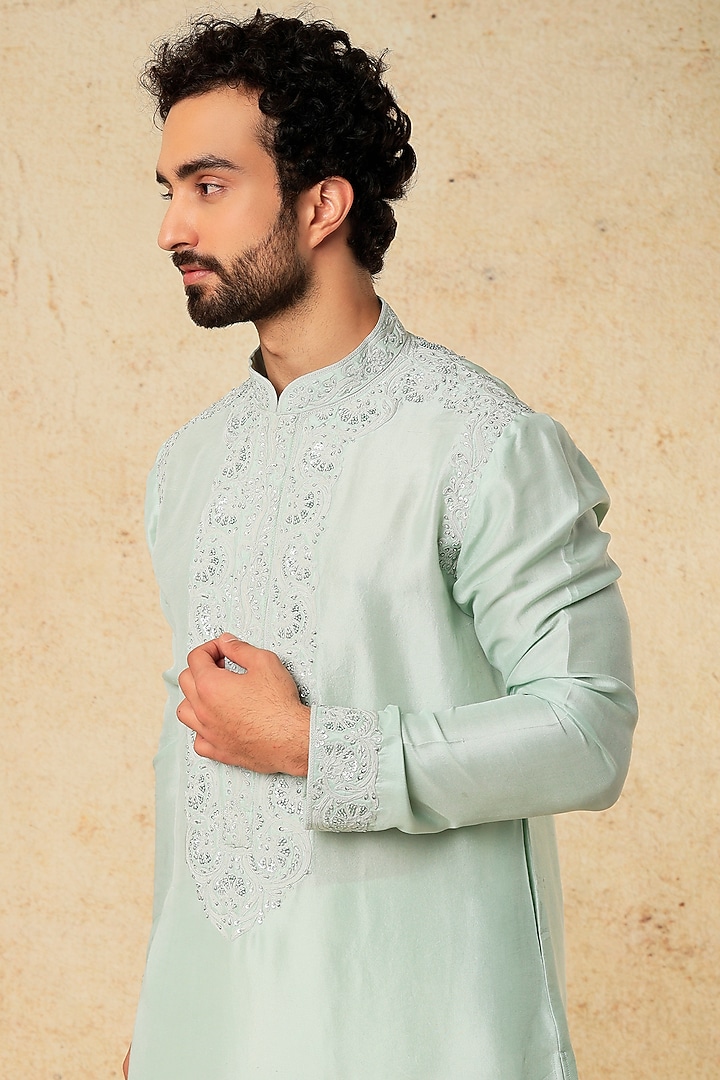 Mint Green Dupion Silk Thread Embroidered Kurta Set by Seema Gujral Men at Pernia's Pop Up Shop