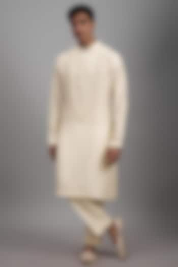 Ivory Silk Embroidered Kurta Set by Seema Gujral Men