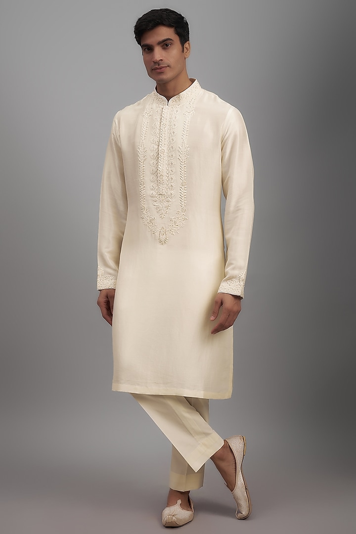 Ivory Silk Embroidered Kurta Set by Seema Gujral Men