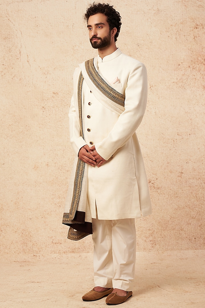 Ivory Matka Silk Sherwani Set by Seema Gujral Men