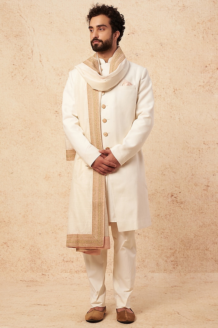 Ivory Sherwani Set In Silk by Seema Gujral Men