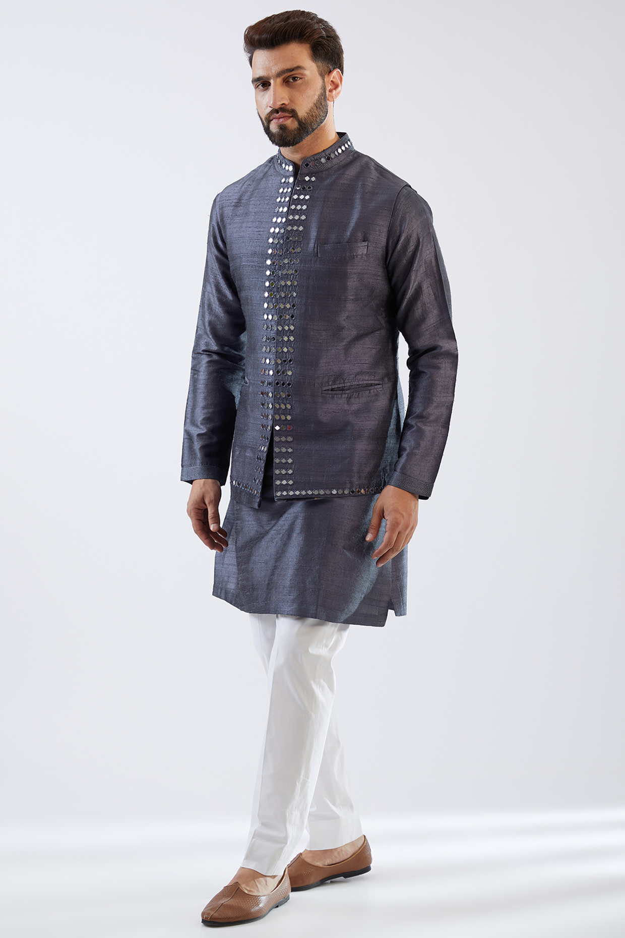 Purple Raw Silk Mirror Embroidered Nehru Jacket Set by Seema Gujral Men at Pernia's Pop Up Shop