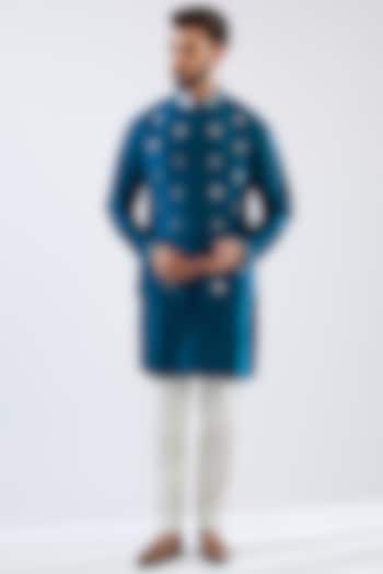 Blue Raw Silk Mirror Embroidered Nehru Jacket Set by Seema Gujral Men at Pernia's Pop Up Shop