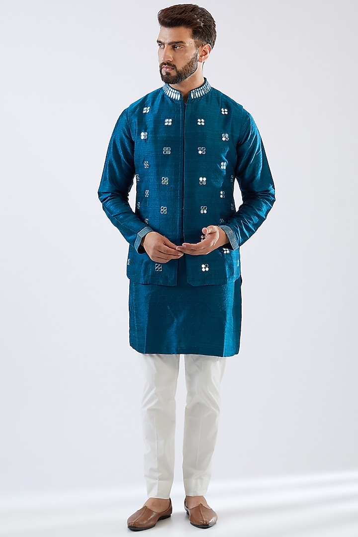 Blue Raw Silk Mirror Embroidered Nehru Jacket Set by Seema Gujral Men at Pernia's Pop Up Shop