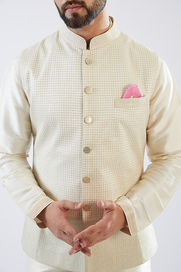 Beige Raw Silk Bundi Jacket Set by Seema Gujral Men at Pernia's Pop Up Shop