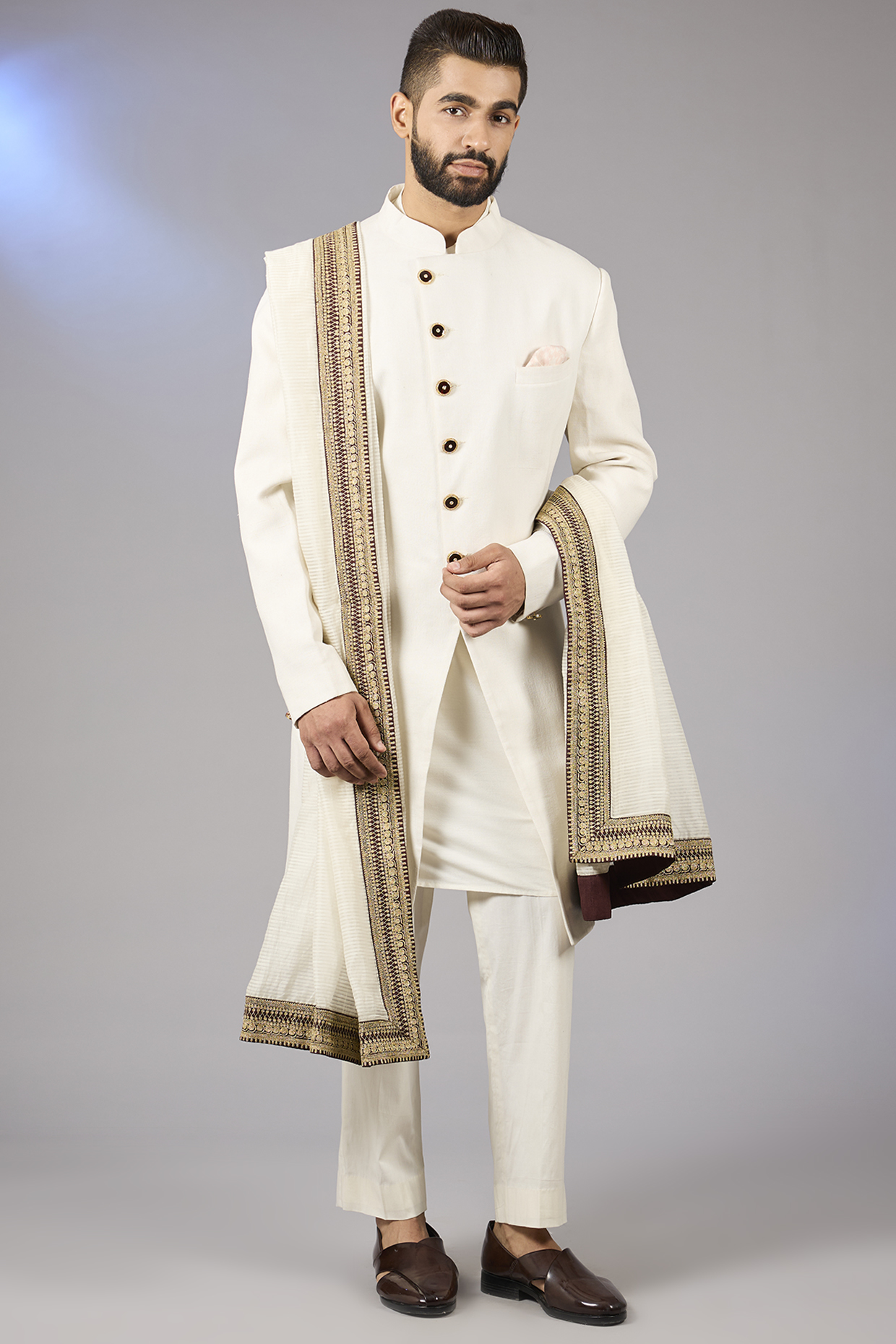 Ivory Matka Silk Sherwani Set by Seema Gujral Men