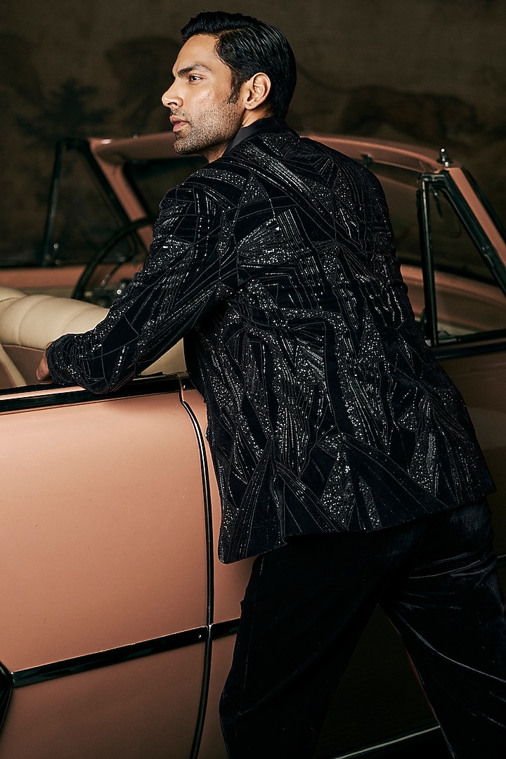 Black Velvet Bugle Beads Embroidered Tuxedo Set by Seema Gujral Men at Pernia's Pop Up Shop