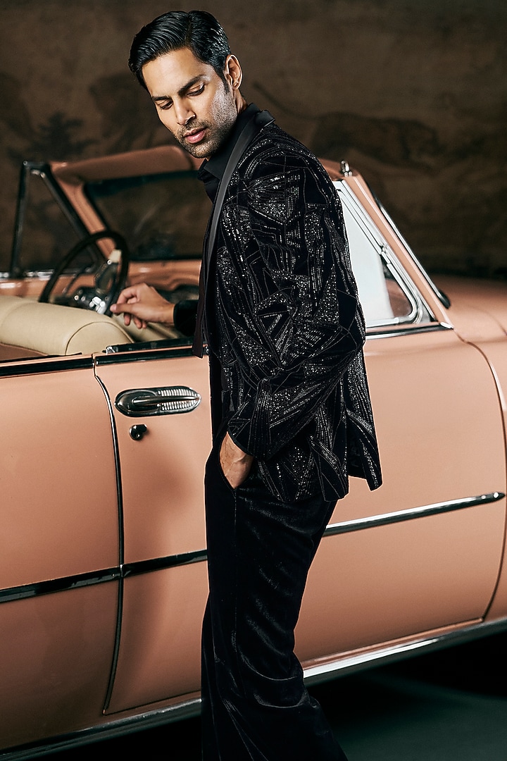 Black Velvet Bugle Beads Embroidered Tuxedo Set by Seema Gujral Men at Pernia's Pop Up Shop