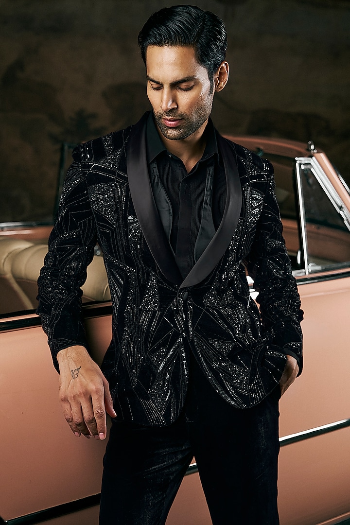 Black Velvet Bugle Beads Embroidered Tuxedo Set by Seema Gujral Men at Pernia's Pop Up Shop