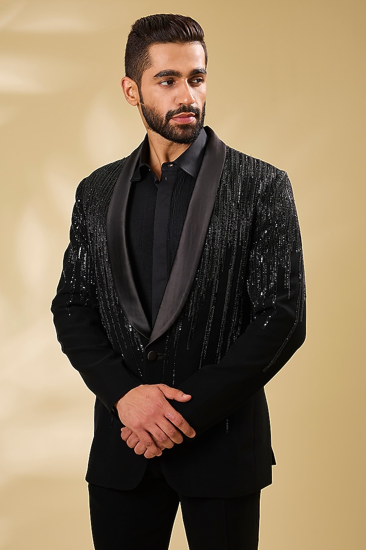 Black Suiting Embroidered Tuxedo Set by Seema Gujral Men at Pernia's Pop Up Shop