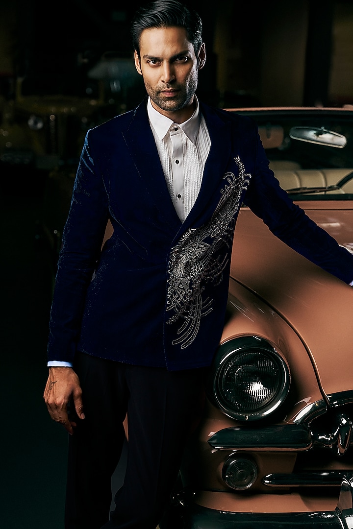 Navy Velvet Gunmetal Embroidered Tuxedo Set by Seema Gujral Men