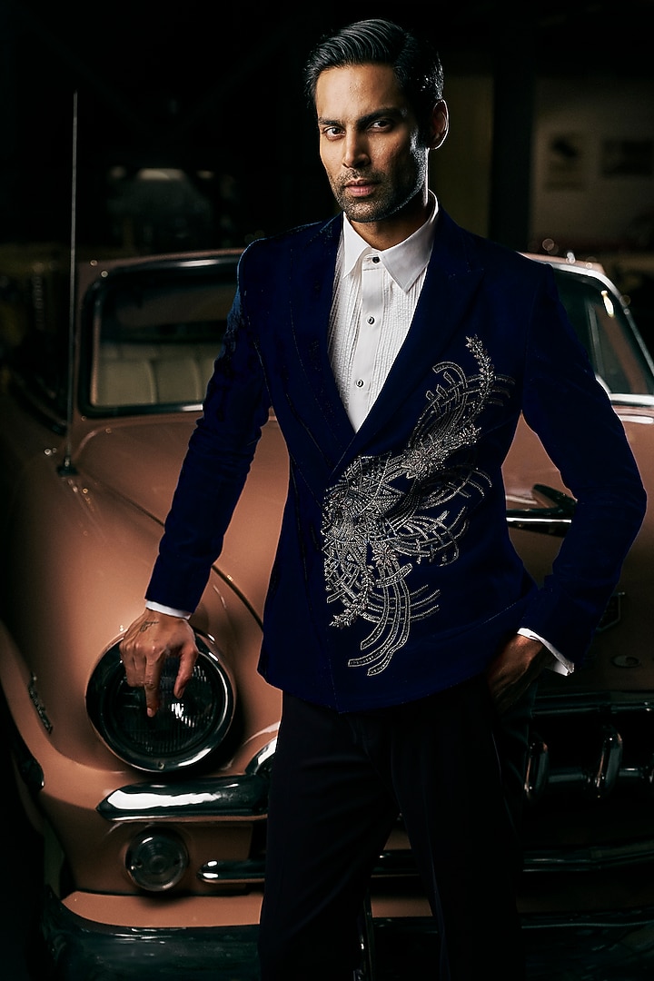 Navy Velvet Gunmetal Embroidered Tuxedo Set by Seema Gujral Men at Pernia's Pop Up Shop