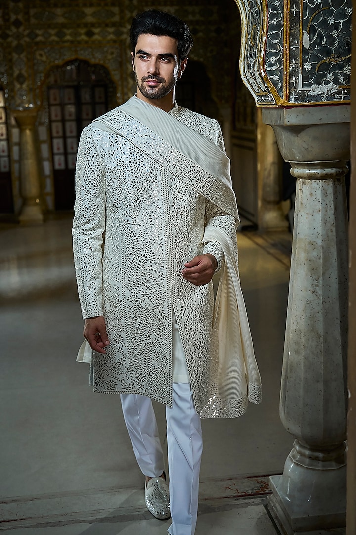 Ivory Raw Silk Mirror Work Groom Sherwani Set by Seema Gujral Men at Pernia's Pop Up Shop