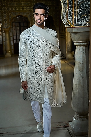 Ivory Raw Silk Mirror Work Sherwani Set by Seema Gujral Men