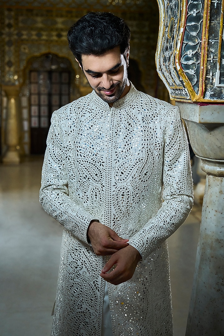 Ivory Raw Silk Mirror Work Groom Sherwani Set by Seema Gujral Men at Pernia's Pop Up Shop