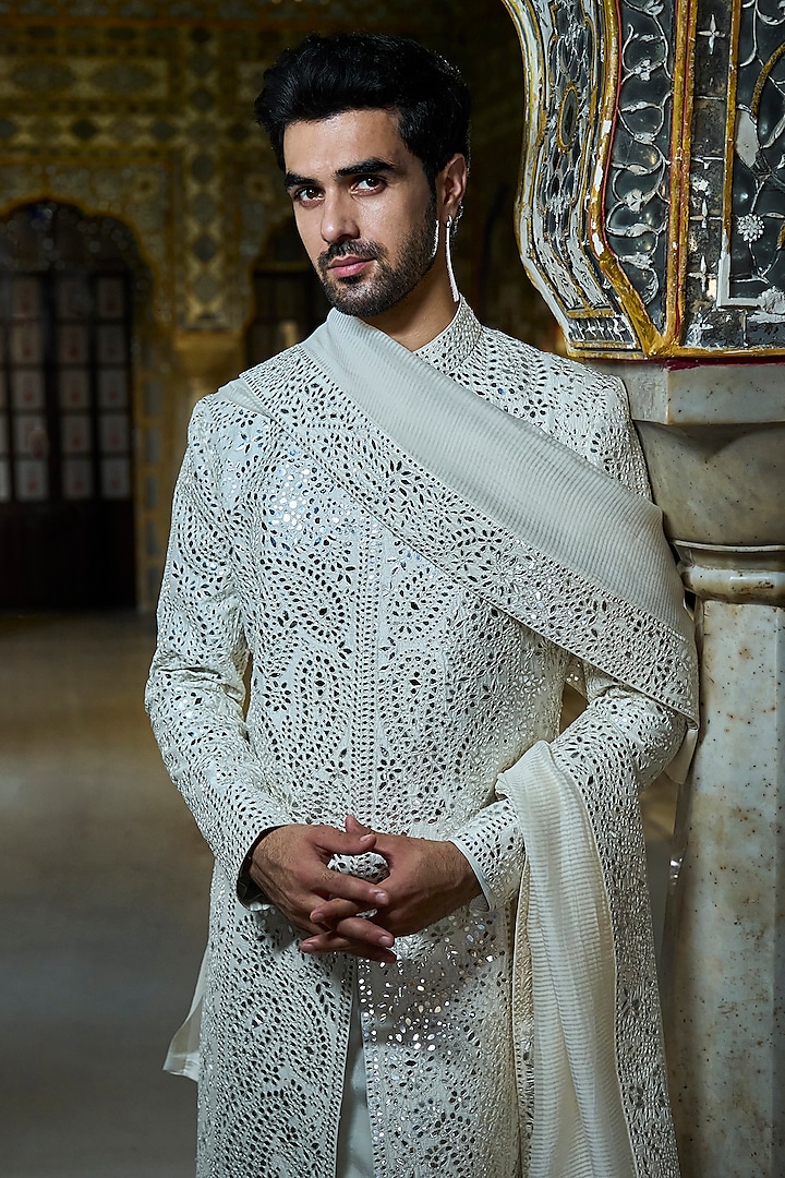 Ivory Raw Silk Mirror Work Groom Sherwani Set by Seema Gujral Men at Pernia's Pop Up Shop