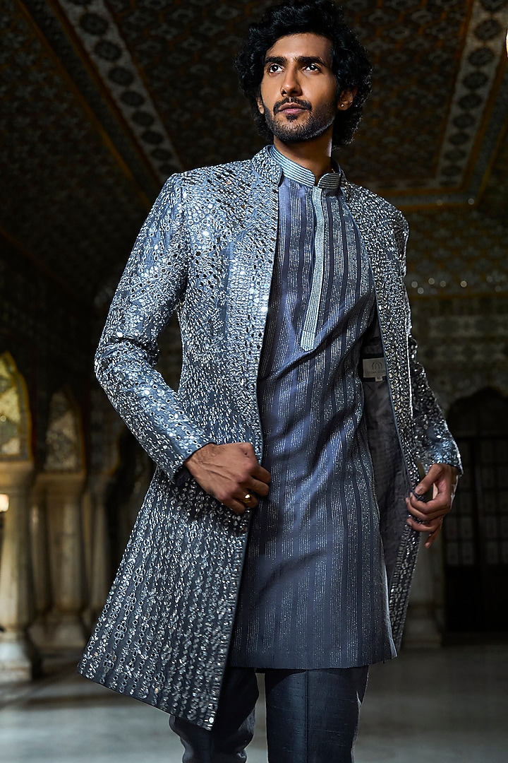 Steel Grey Raw Silk Mirror Work Open Jacket Set by Seema Gujral Men