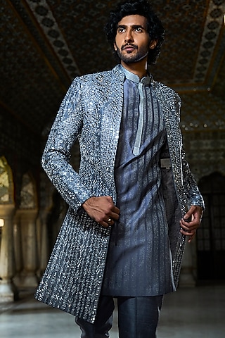 Steel Grey Raw Silk Mirror Work Open Jacket Set by Seema Gujral Men