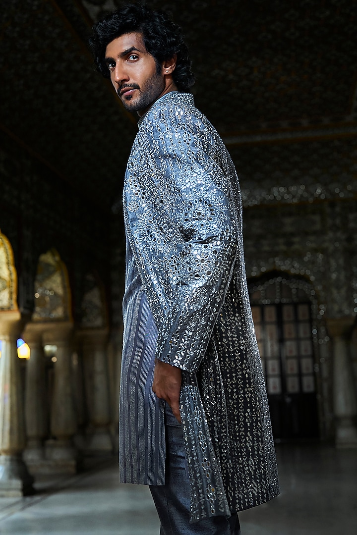 Steel Grey Raw Silk Mirror Work Open Jacket Set by Seema Gujral Men at Pernia's Pop Up Shop