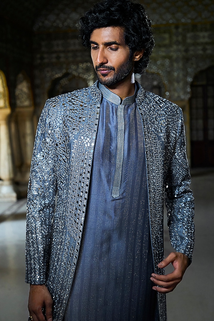 Steel Grey Raw Silk Mirror Work Open Jacket Set by Seema Gujral Men at Pernia's Pop Up Shop
