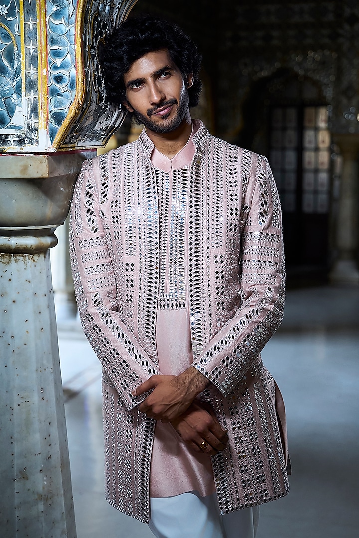 Rose Gold Raw Silk Mirror Work Open Jacket Set by Seema Gujral Men