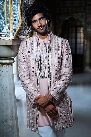 Rose Gold Raw Silk Mirror Work Open Jacket Set by Seema Gujral Men