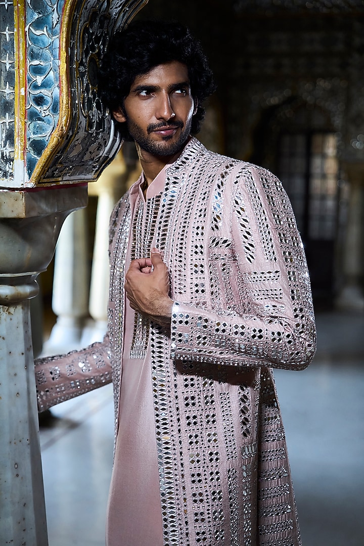 Rose Gold Raw Silk Mirror Work Open Jacket Set by Seema Gujral Men at Pernia's Pop Up Shop