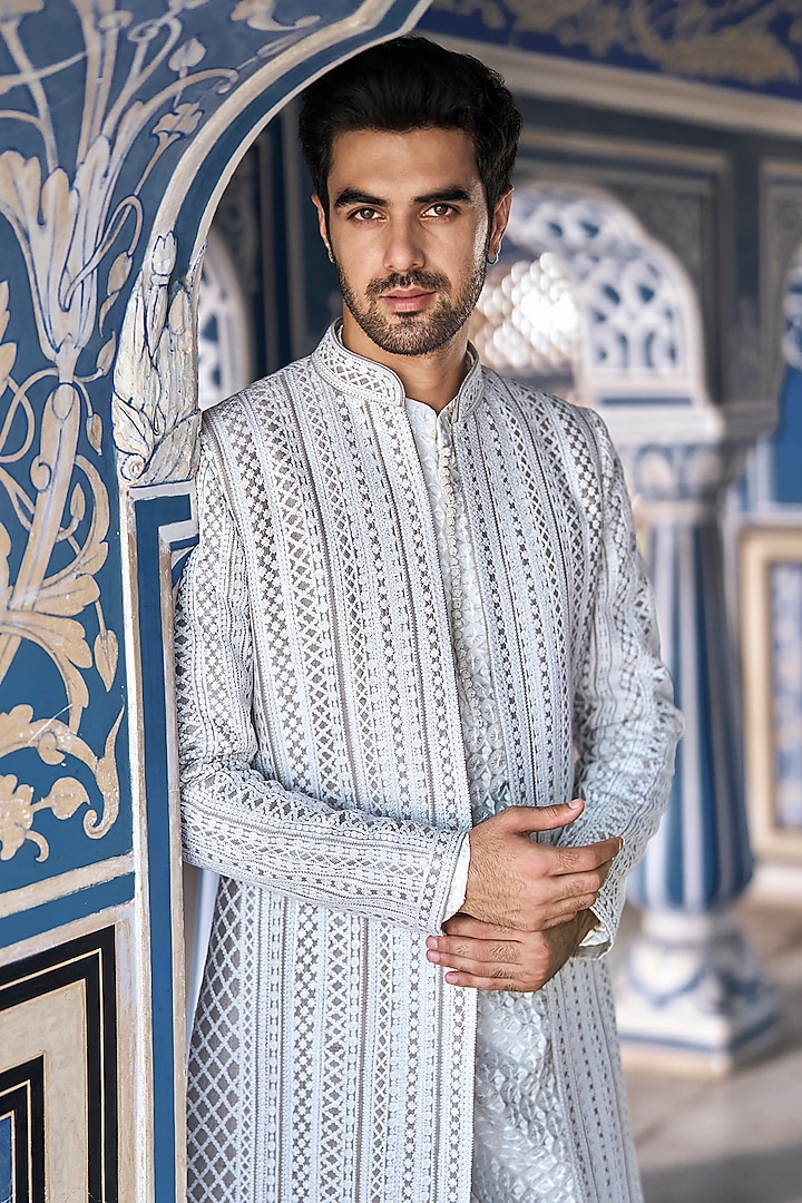 Grey Raw Silk Dori Embroidered Open Jacket Set by Seema Gujral Men at Pernia's Pop Up Shop